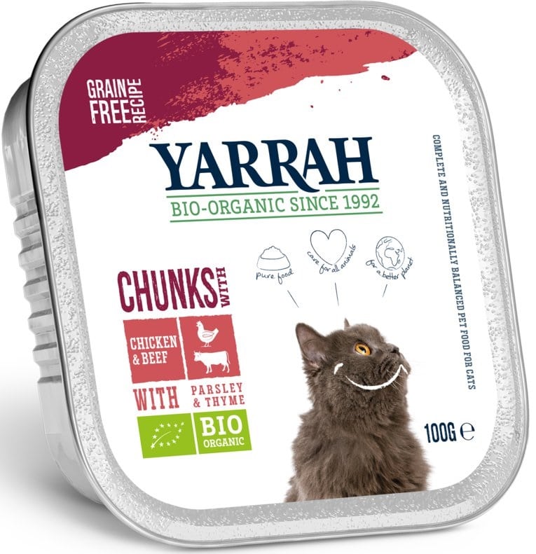økologisk kattemat med kylling og biff fra Yarrah